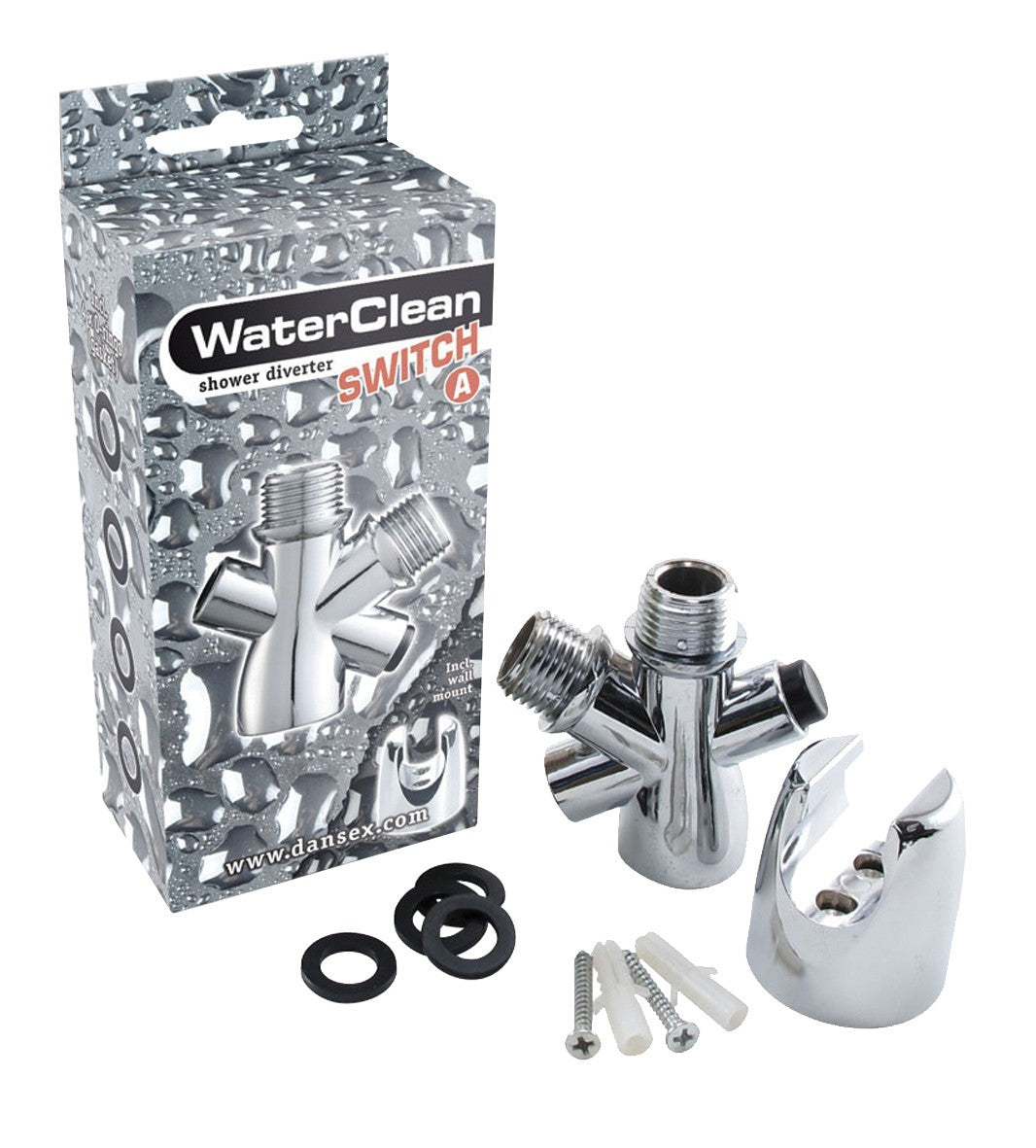 WaterClean Switch diskreter Duschumsteller mit Wandhalterung, Dichtungsringen und Montagematerial