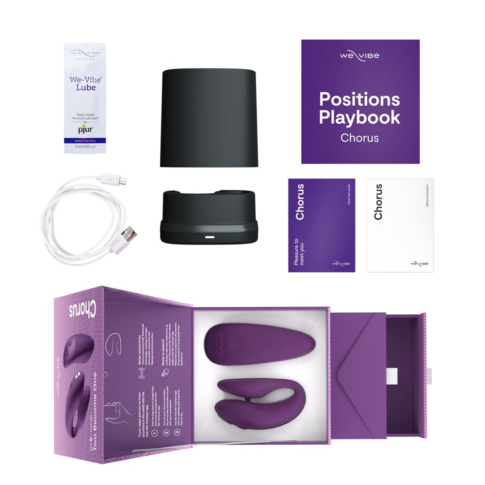 Lieferumfang des We-Vibe Chorus Paarvibrators mit Ladebox und Zubehör