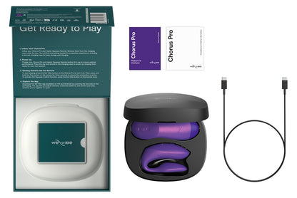Lieferumfang des We-Vibe Chorus Pro Paarvibrators in Lila mit Zubehör und Ladeetui