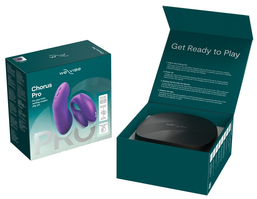 Geöffnete Produktverpackung des We-Vibe Chorus Pro Paarvibrators in Lila
