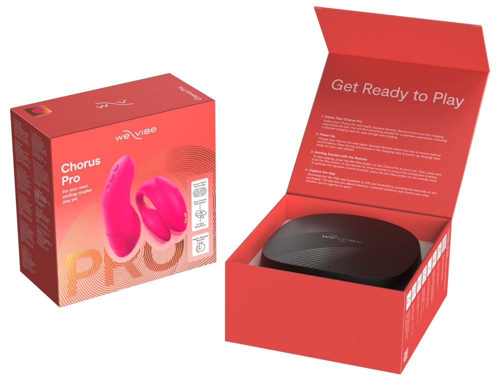 Geöffnete Produktverpackung des We-Vibe Chorus Pro Paarvibrators in Pink