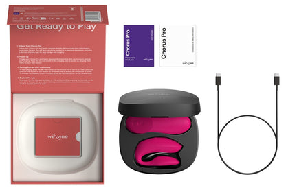 Lieferumfang des We-Vibe Chorus Pro Paarvibrators in Pink mit Zubehör und Ladeetui