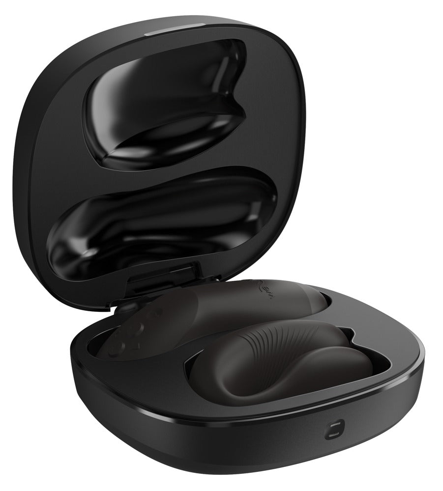 Geöffnetes Aufbewahrungs- und Ladeetui des We-Vibe Chorus Pro mit Paarvibrator in Schwarz