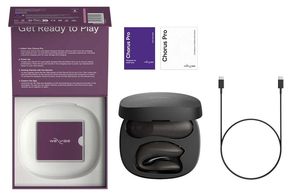 Lieferumfang des We-Vibe Chorus Pro Paarvibrators in Schwarz mit Zubehör und Ladeetui