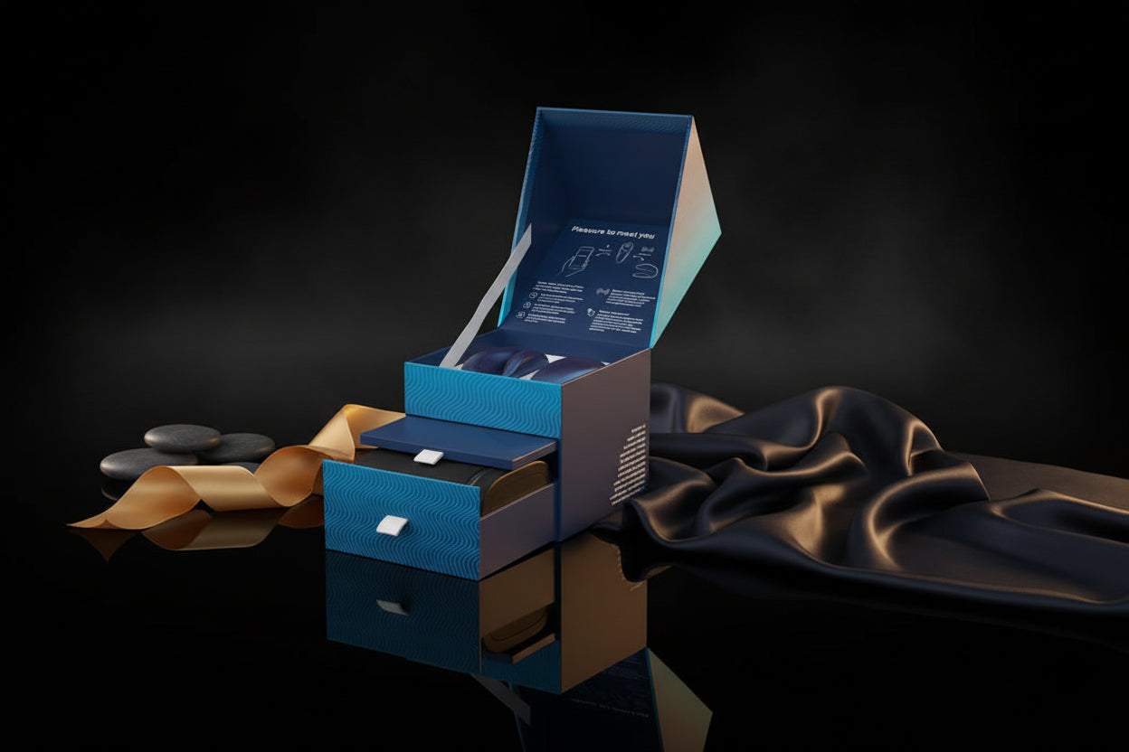 Geöffnete Verpackung des We-Vibe Chorus Blau Paarvibrators mit Ladebox