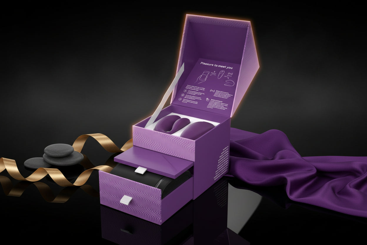 Geöffnete Verpackung des We-Vibe Chorus Lila Paarvibrators mit Ladebox