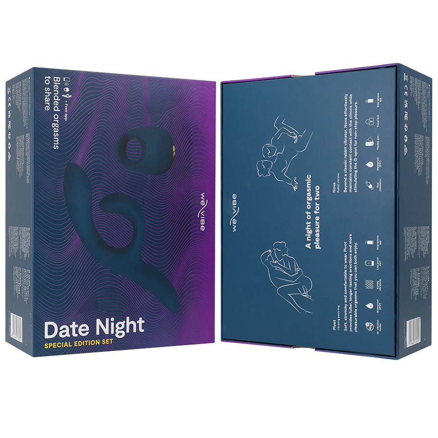 Geöffnete Verpackung des We-Vibe Date Night Special Edition Geschenksets mit Nova 2 und Pivot