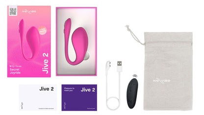 Lieferumfang des We-Vibe Jive 2 Vibro-Eis in Pink mit Zubehör und Produktübersicht