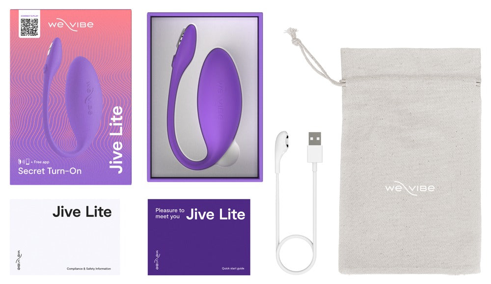 Lieferumfang des We-Vibe Jive Lite Vibro-Eis in Lila mit Zubehör und Produktverpackung
