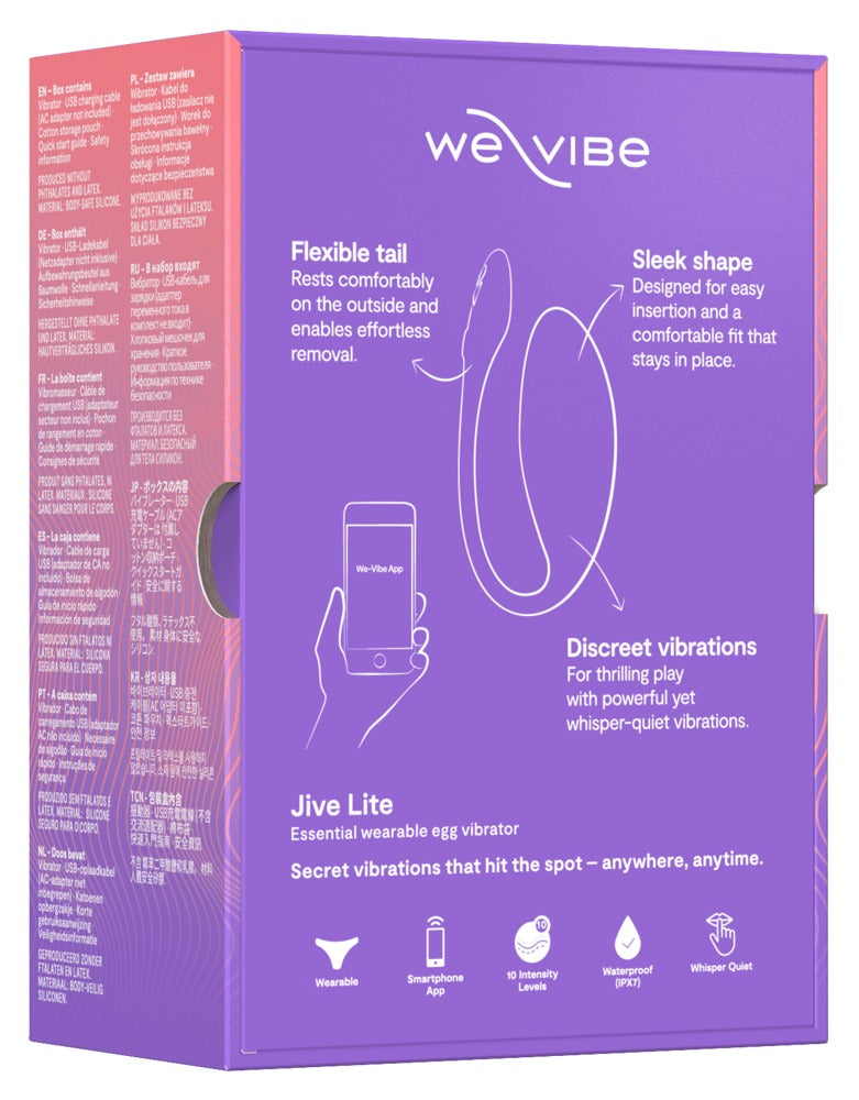 Rückseite der Produktverpackung des We-Vibe Jive Lite Vibro-Eis in Lila