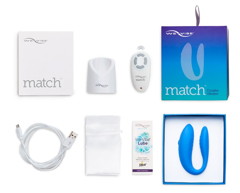 Lieferumfang des We-Vibe Match Paarvibrators mit Fernbedienung, Zubehör und Produktübersicht