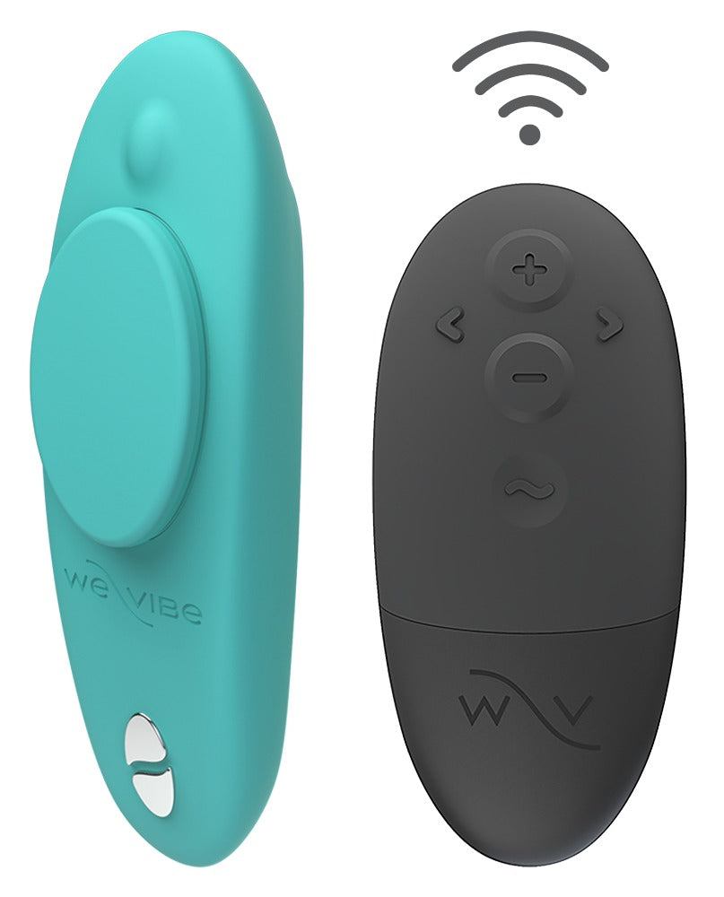 We-Vibe Moxie+ Panty-Vibrator in Türkis mit schwarzer Fernbedienung in der Produktansicht