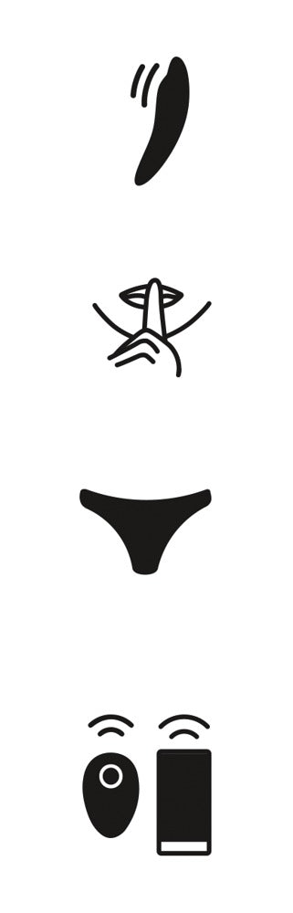 Funktionsdarstellung des We-Vibe Moxie+ Panty-Vibrators mit Symbolen zu App-Steuerung und Eigenschaften
