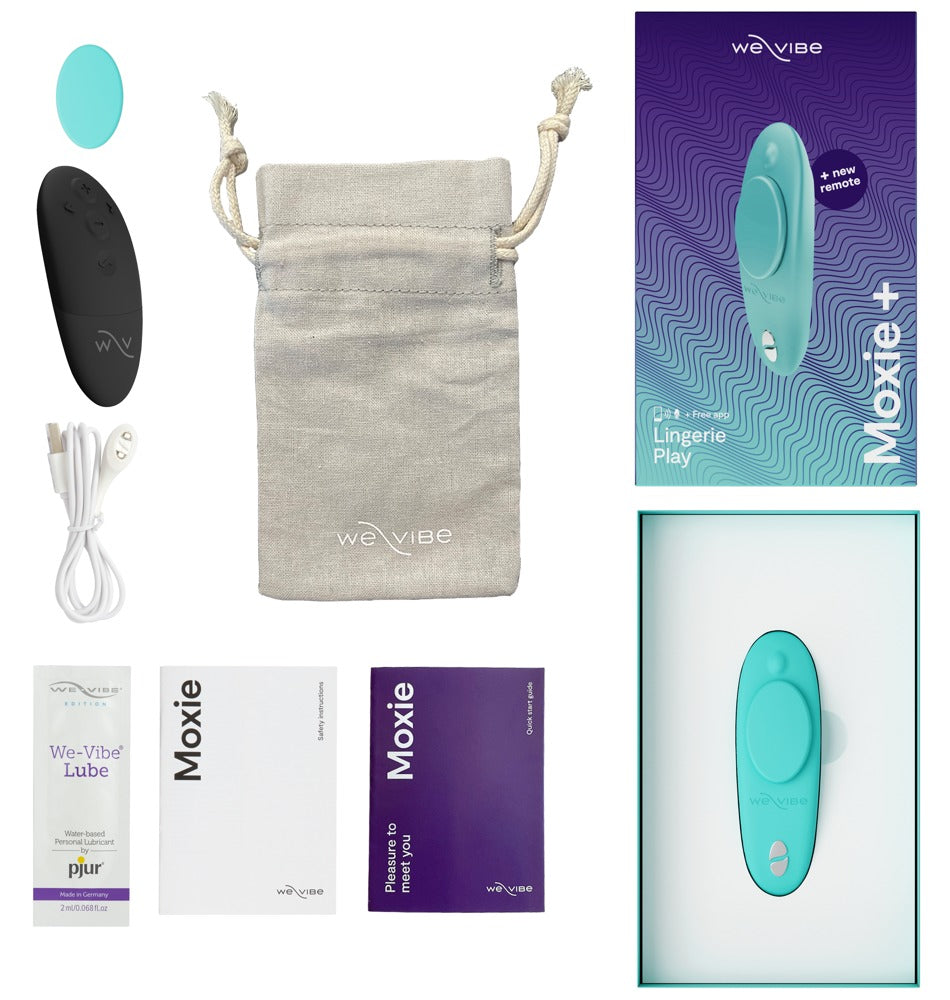 Lieferumfang des We-Vibe Moxie+ Panty-Vibrators mit Zubehör und Verpackung