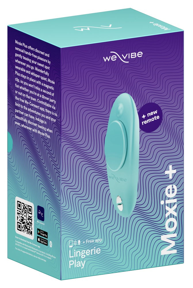 Produktverpackung des We-Vibe Moxie+ Panty-Vibrators mit App-Steuerung und Fernbedienung