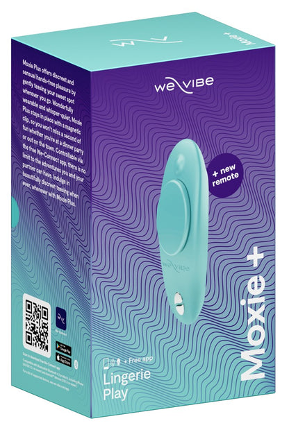 Produktverpackung des We-Vibe Moxie+ Panty-Vibrators mit App-Steuerung und Fernbedienung