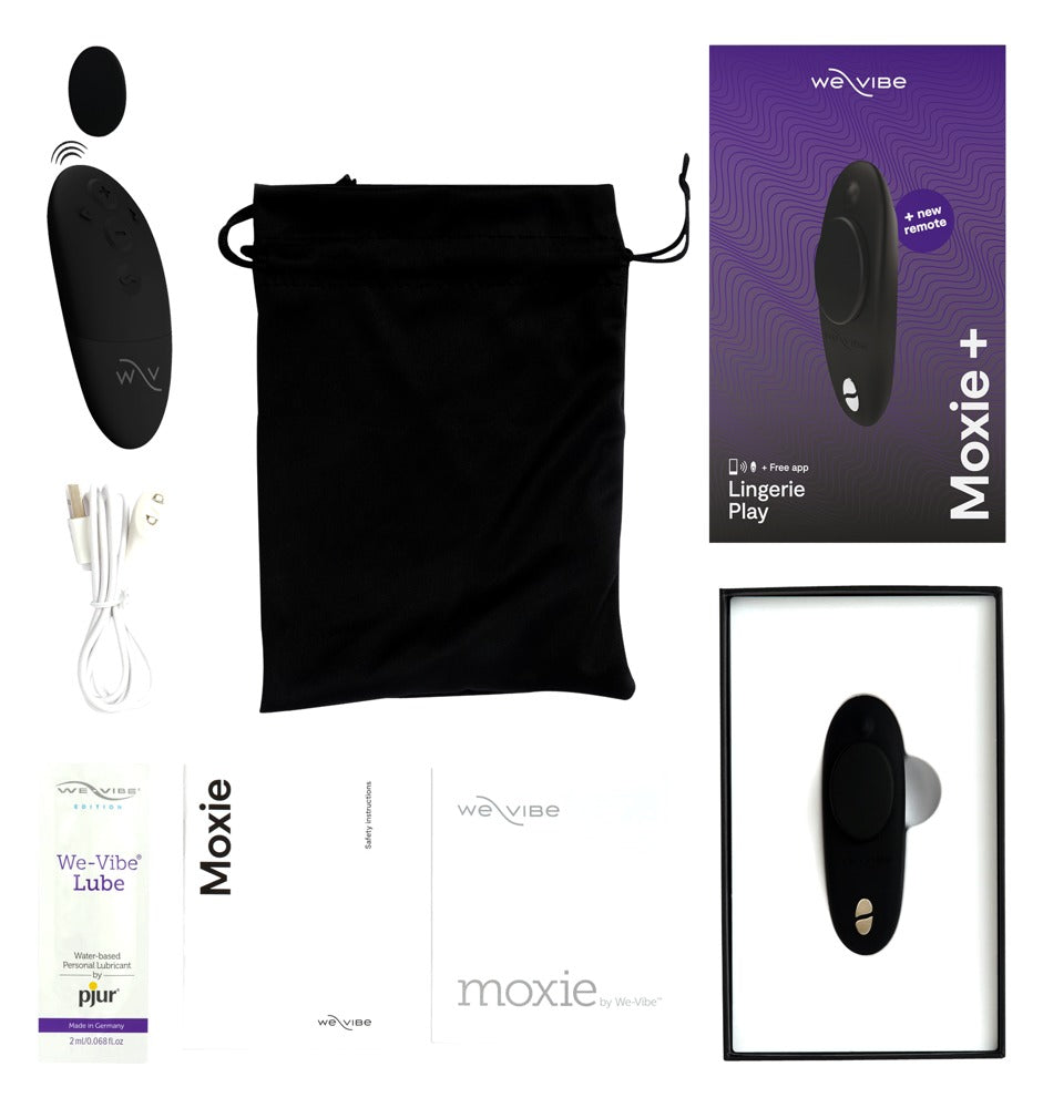 Lieferumfang des We-Vibe Moxie+ Panty-Vibrators in Schwarz mit Zubehör und Verpackung
