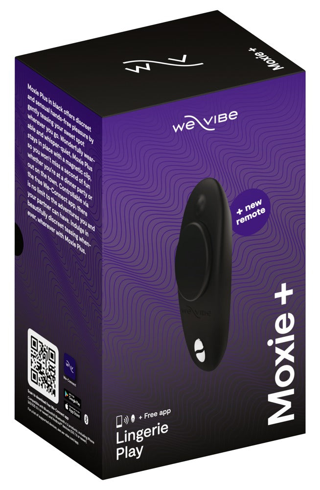Produktverpackung des We-Vibe Moxie+ Panty-Vibrators in Schwarz mit App-Steuerung und Fernbedienung