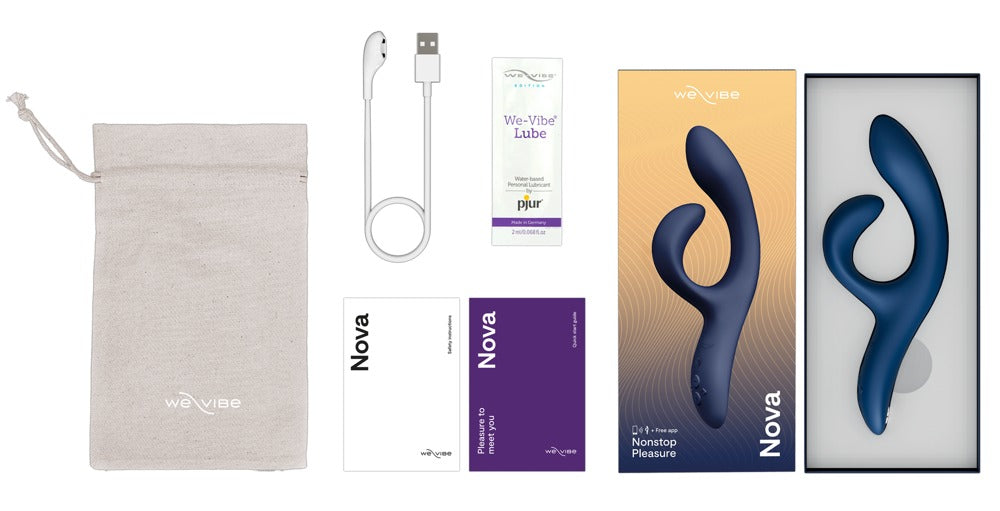 Lieferumfang des blauen We-Vibe Nova 2 mit Zubehör