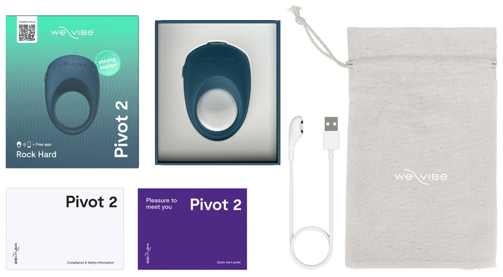 Lieferumfang des We-Vibe Pivot 2 Vibro-Penisrings mit Zubehör und Produktübersicht