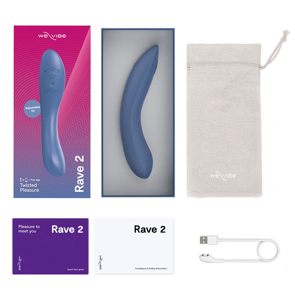 Lieferumfang des We-Vibe Rave 2 G-Punkt-Vibrators in Blau mit Zubehör und Produktübersicht