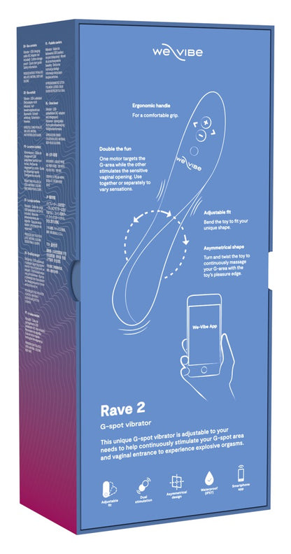 Rückseite der Produktverpackung des We-Vibe Rave 2 G-Punkt-Vibrators in Blau