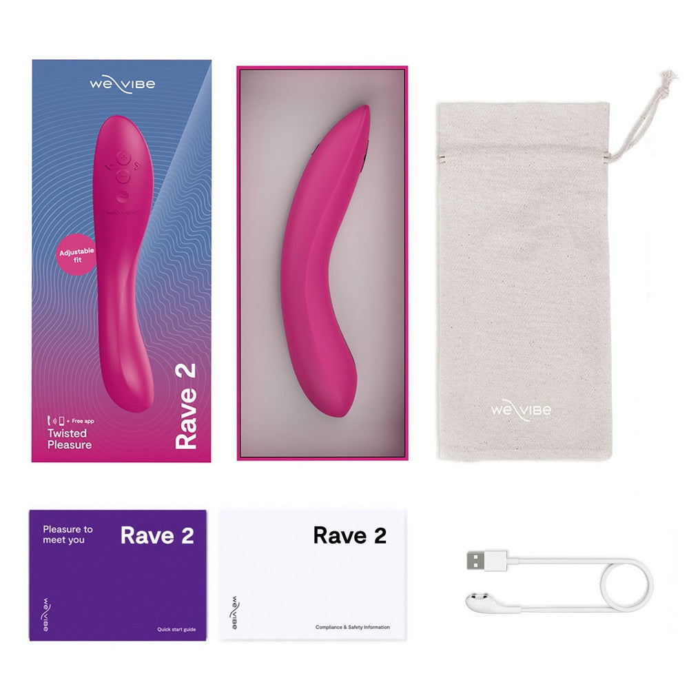 Lieferumfang des We-Vibe Rave 2 G-Punkt-Vibrators in Pink mit Zubehör und Produktübersicht