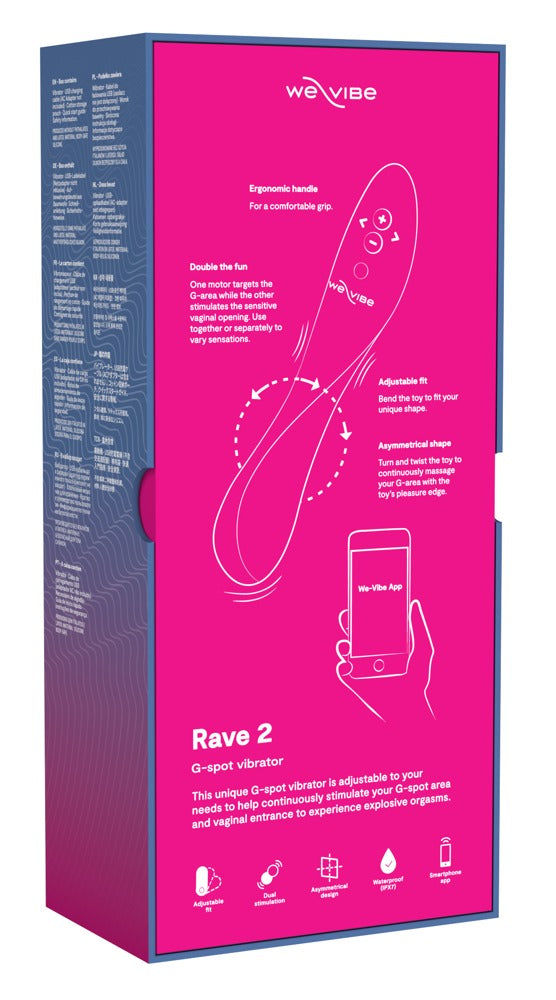 Rückseite der Produktverpackung des We-Vibe Rave 2 G-Punkt-Vibrators in Pink