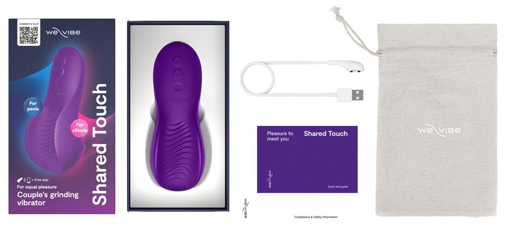 We-Vibe Shared Touch in Lila mit Smartphone-Ansichten zur App-Steuerung und individuellen Vibrationen
