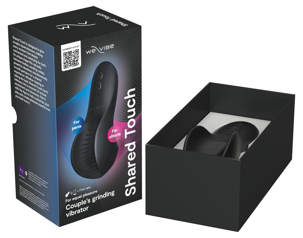 Geöffnete Verpackung des schwarzen We-Vibe Shared Touch mit Toy und Verpackungseinsatz