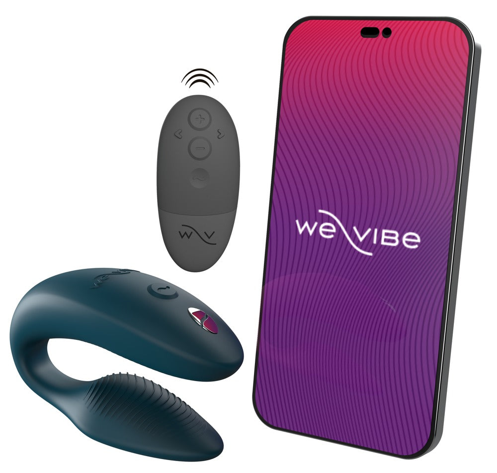 Petrolfarbener We-Vibe Sync 2 mit Smartphone und Fernbedienung