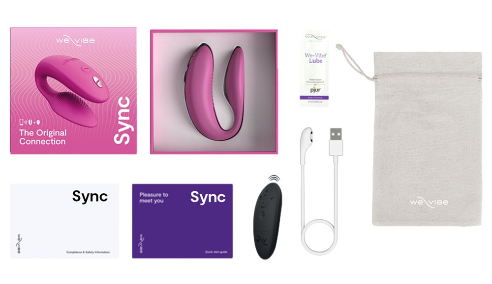 Lieferumfang des pinken We-Vibe Sync 2 mit Zubehör
