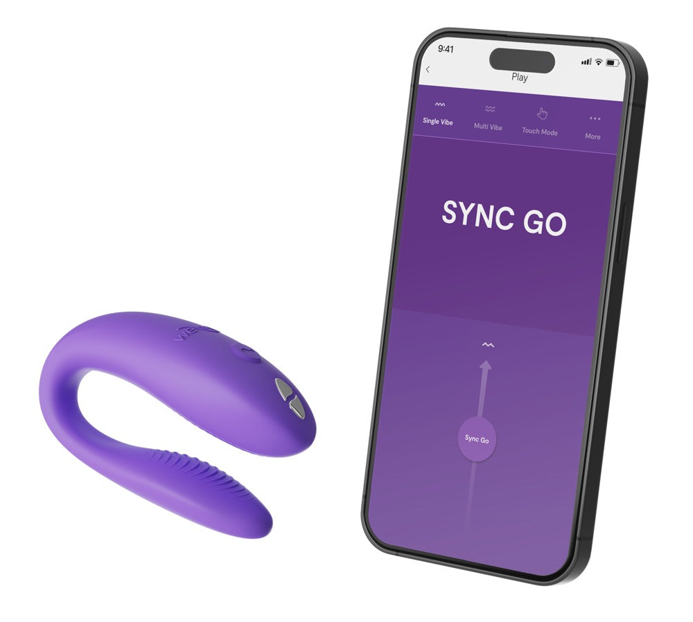 Lilafarbener We-Vibe Sync Go neben Smartphone mit We-Vibe App