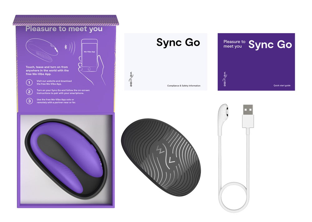 Lieferumfang des lilafarbenen We-Vibe Sync Go mit Verpackung, Zubehör und Ladecase