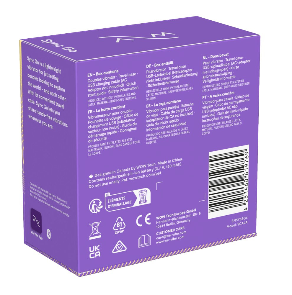 Rückseite der Produktverpackung des lilafarbenen We-Vibe Sync Go