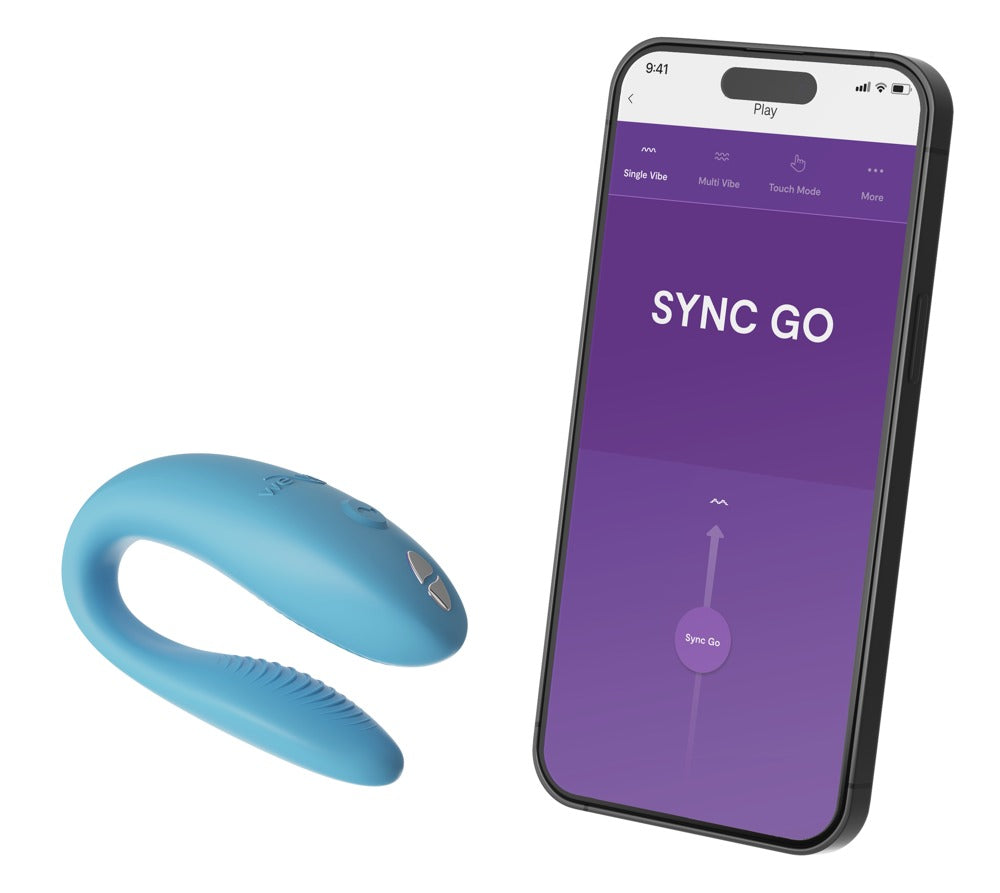 Türkiser We-Vibe Sync Go neben Smartphone mit We-Vibe App