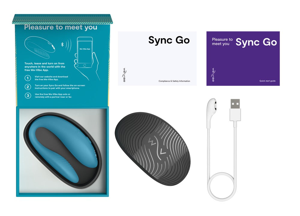 Lieferumfang des türkisen We-Vibe Sync Go mit Verpackung, Zubehör und Ladecase