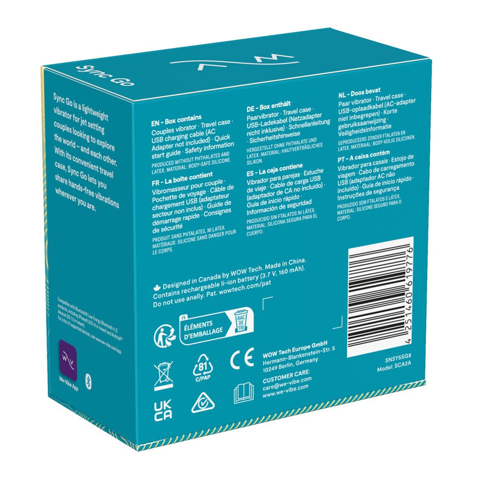 Rückseite der Produktverpackung des türkisen We-Vibe Sync Go