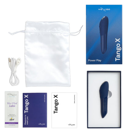 Lieferumfang des We-Vibe Tango X Bullet-Vibrators in Blau mit Zubehör und Verpackung