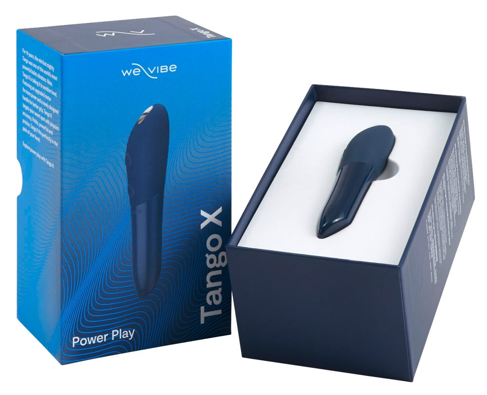 Geöffnete Produktverpackung des We-Vibe Tango X Bullet-Vibrators in Blau