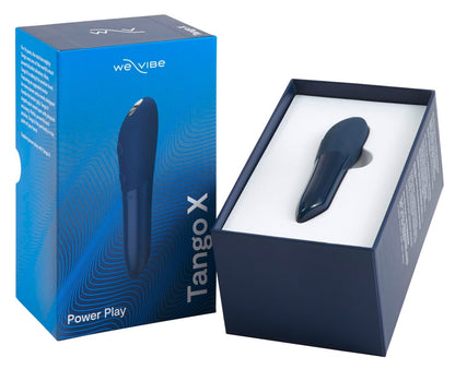 Geöffnete Produktverpackung des We-Vibe Tango X Bullet-Vibrators in Blau