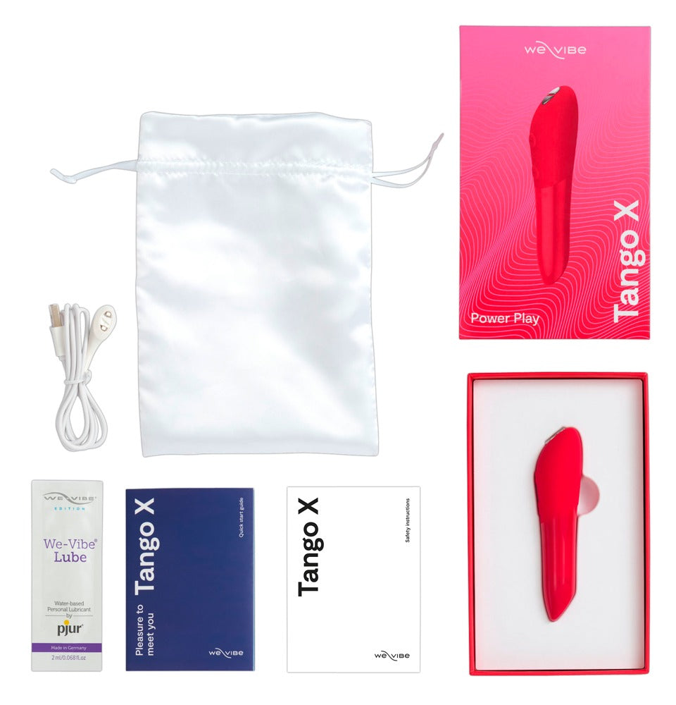 Lieferumfang des We-Vibe Tango X Bullet-Vibrators in Rot mit Zubehör und Verpackung