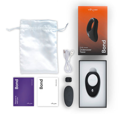Lieferumfang des We-Vibe Tease Us Vibroring-Sets mit Zubehör und Aufbewahrungsbeutel