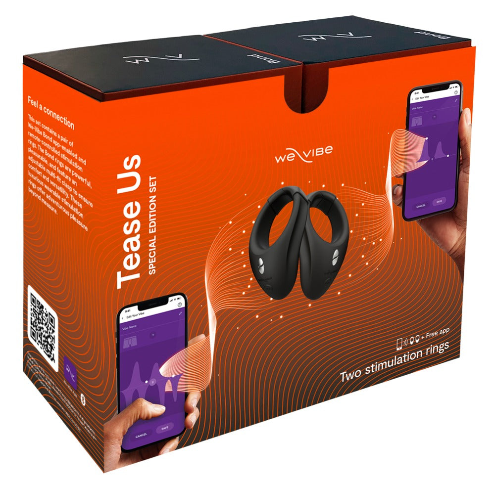 Produktverpackung des We-Vibe Tease Us Vibroring-Sets mit zwei Bond Vibroringen