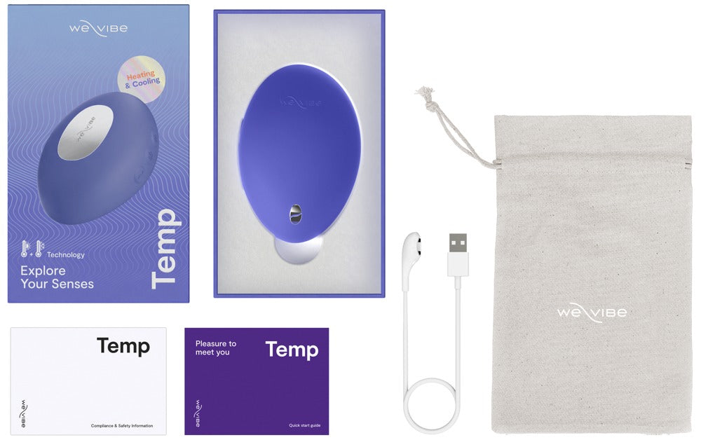 Lieferumfang des We-Vibe Temp Auflegevibrators in Blau mit Zubehör und Produktübersicht
