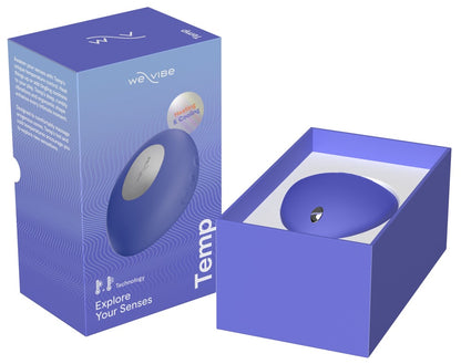 Geöffnete Produktverpackung des We-Vibe Temp Auflegevibrators in Blau