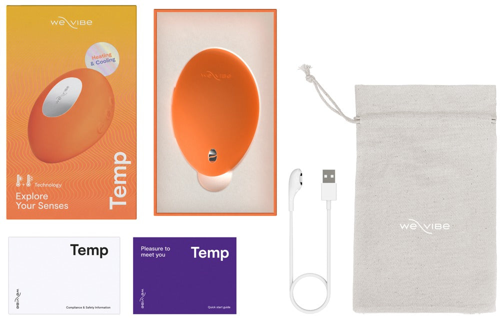 Lieferumfang des We-Vibe Temp Auflegevibrators in Orange mit Zubehör und Produktübersicht