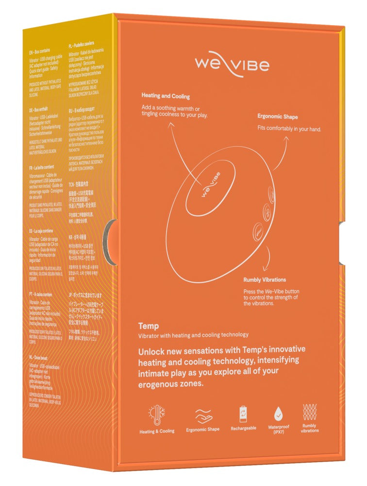 Rückseite der Produktverpackung des We-Vibe Temp Auflegevibrators in Orange
