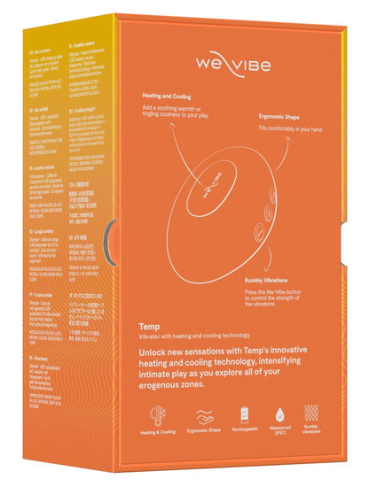 Rückseite der Produktverpackung des We-Vibe Temp Auflegevibrators in Orange