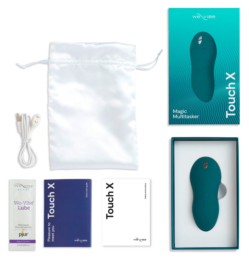 Lieferumfang des We-Vibe Touch X Auflegevibrators in Grün mit Zubehör und Produktübersicht